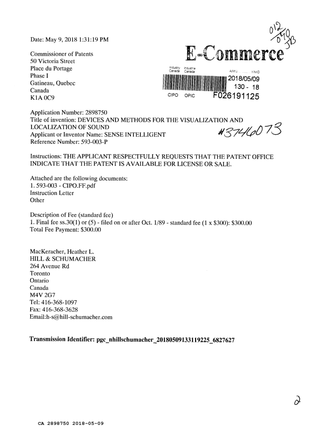Canadian Patent Document 2898750. Final Fee 20180509. Image 1 of 2