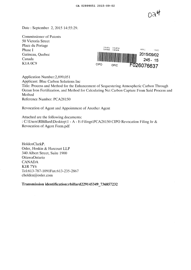 Document de brevet canadien 2899051. Correspondance 20141202. Image 1 de 3