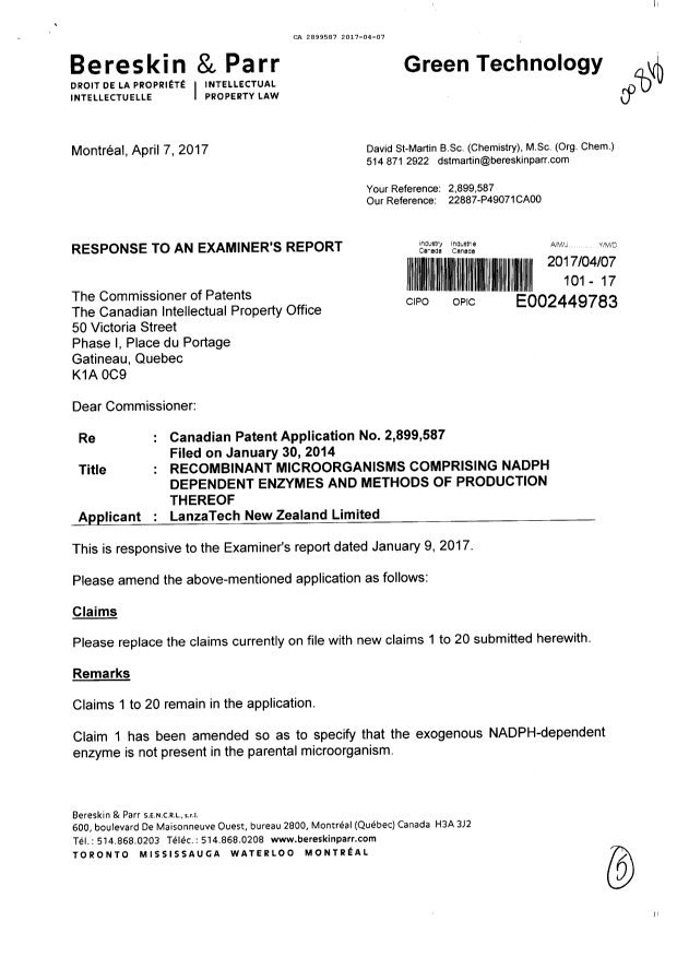 Document de brevet canadien 2899587. Poursuite-Amendment 20161207. Image 1 de 5