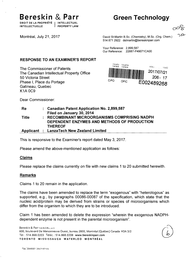 Document de brevet canadien 2899587. Poursuite-Amendment 20161221. Image 1 de 6