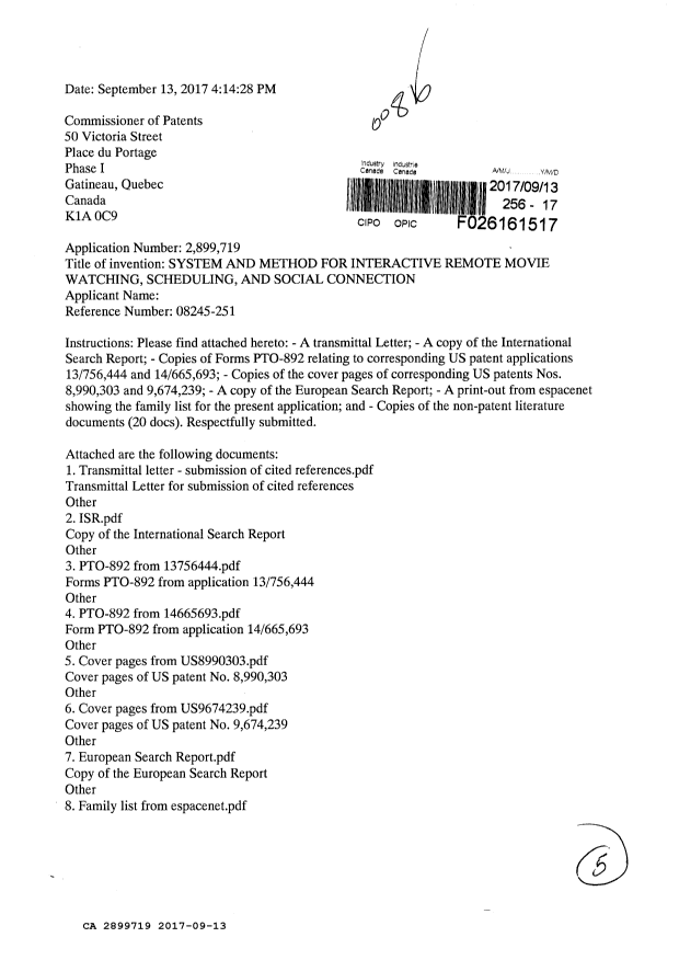 Document de brevet canadien 2899719. Modification 20170913. Image 1 de 5