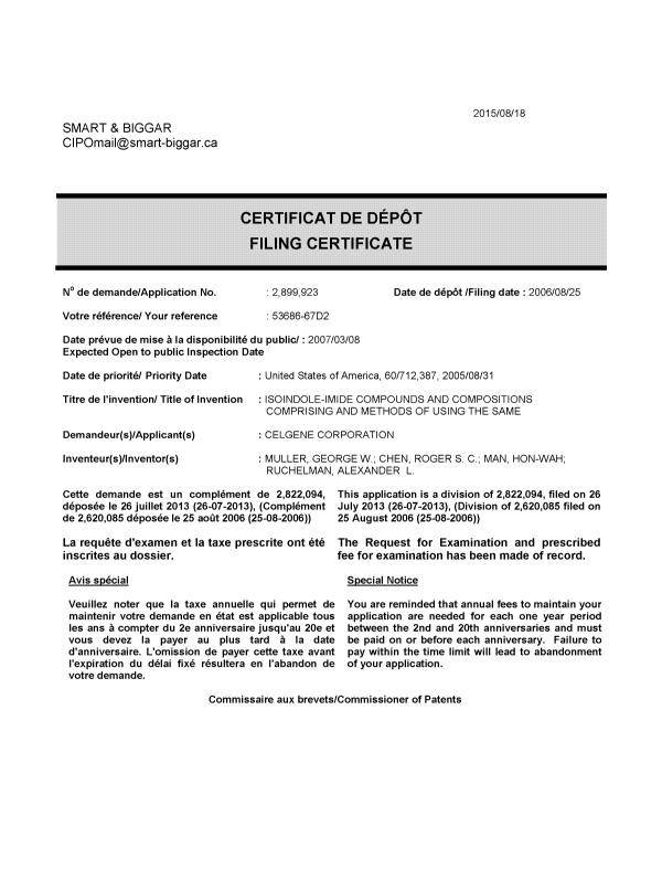 Document de brevet canadien 2899923. Complémentaire - Certificat de dépôt 20150818. Image 1 de 1