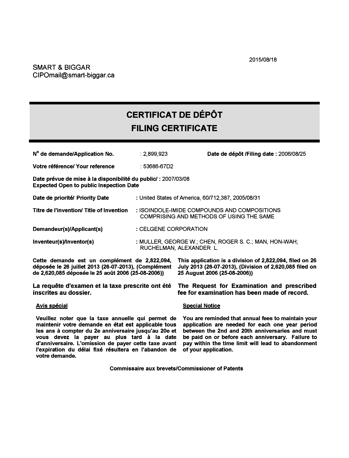 Canadian Patent Document 2899923. Divisional - Filing Certificate 20150818. Image 1 of 1