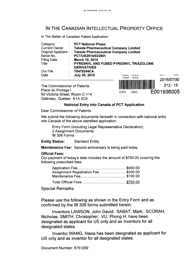 Document de brevet canadien 2899948. Demande d'entrée en phase nationale 20150730. Image 1 de 12
