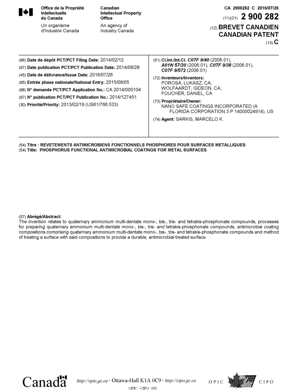 Document de brevet canadien 2900282. Page couverture 20151214. Image 1 de 1