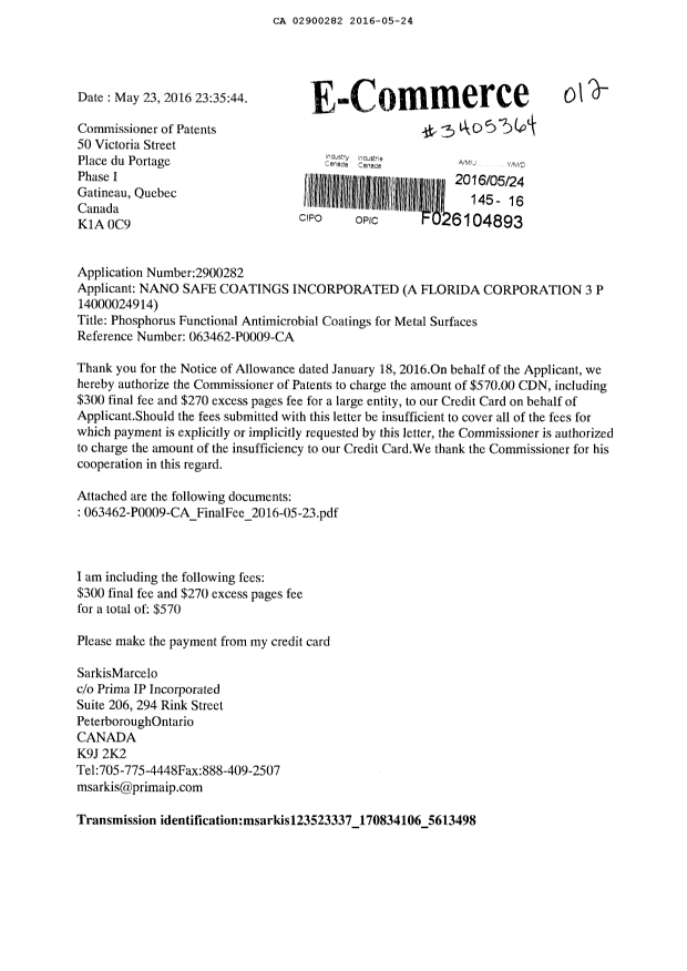 Document de brevet canadien 2900282. Correspondance 20151224. Image 1 de 2