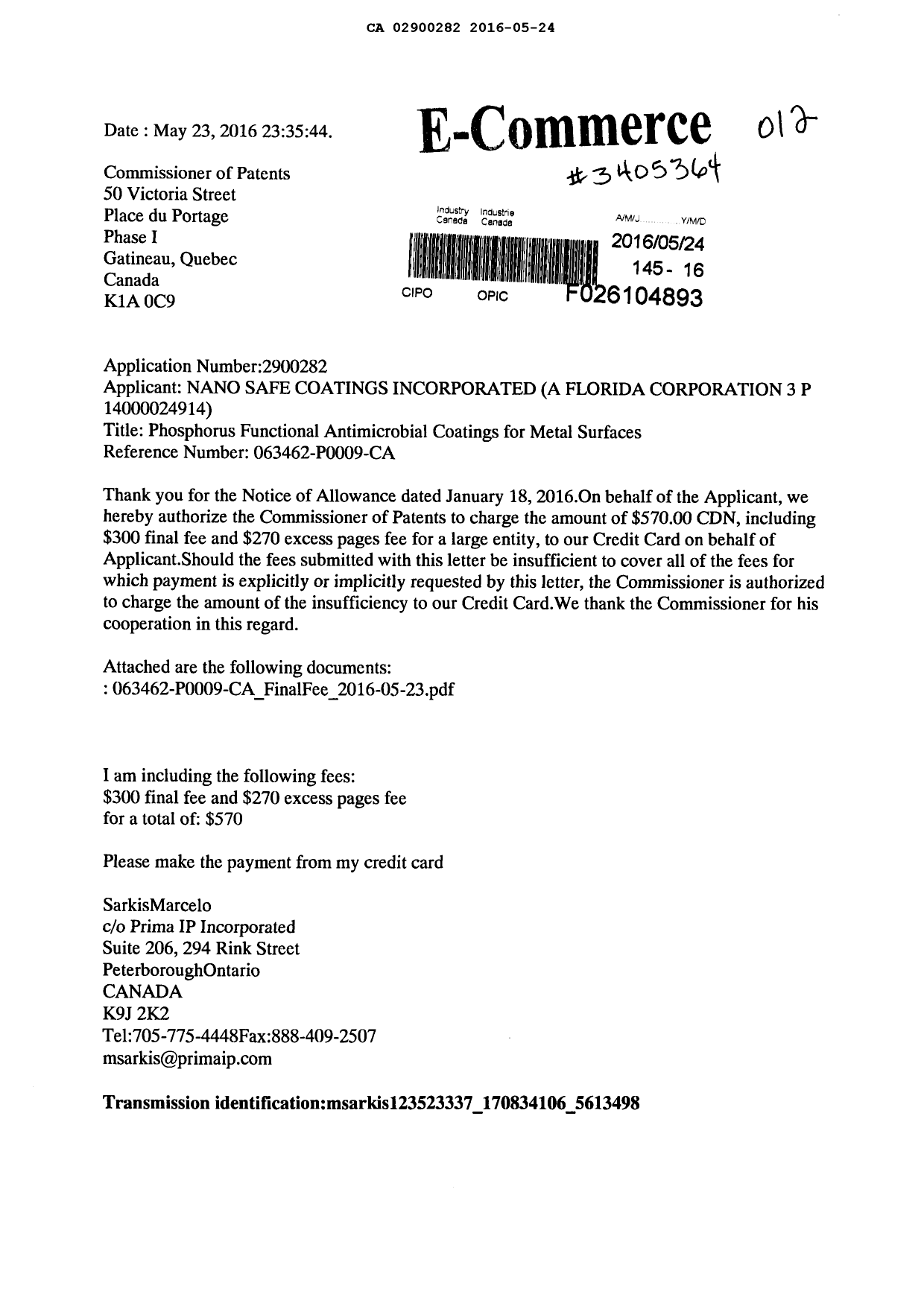 Canadian Patent Document 2900282. Correspondence 20151224. Image 1 of 2