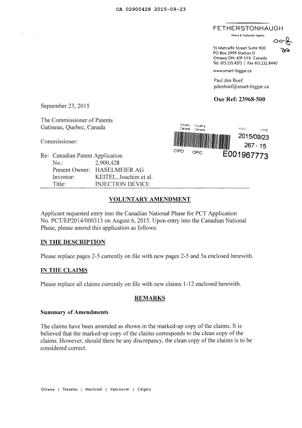 Canadian Patent Document 2900428. Amendment 20150923. Image 1 of 17