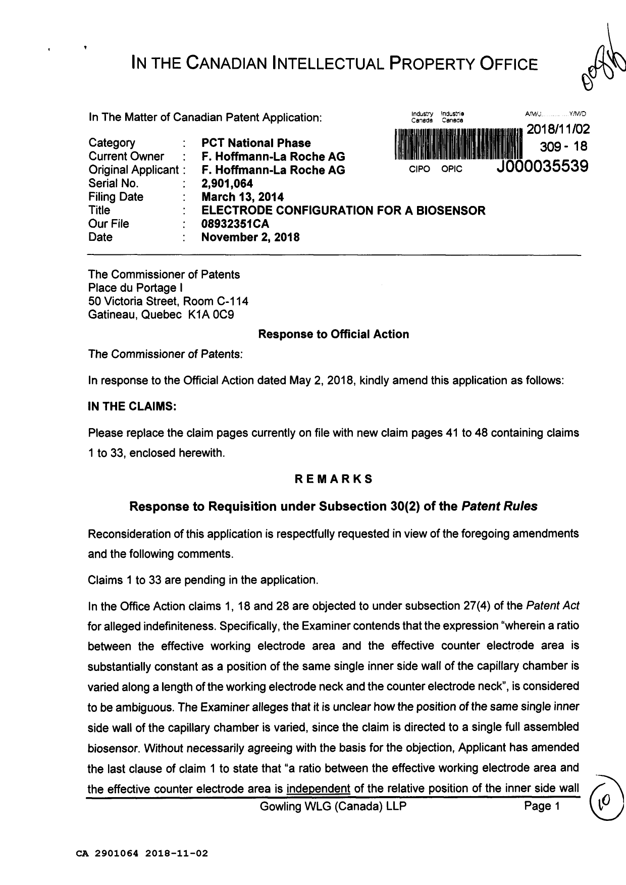 Canadian Patent Document 2901064. Amendment 20181102. Image 1 of 10