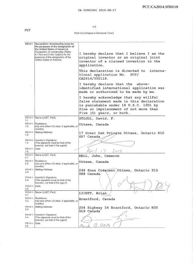 Canadian Patent Document 2901501. Declaration 20150817. Image 1 of 1