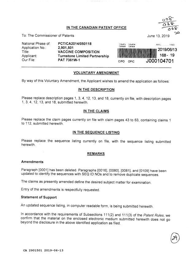 Canadian Patent Document 2901501. Amendment 20190613. Image 1 of 29