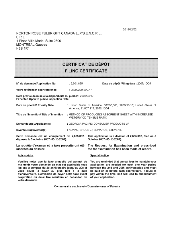 Document de brevet canadien 2901855. Complémentaire - Certificat de dépôt 20151202. Image 1 de 1