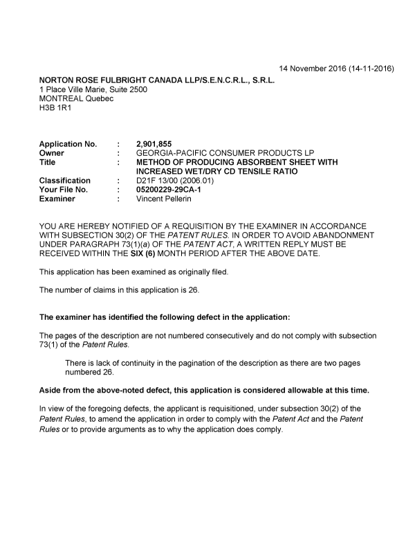 Canadian Patent Document 2901855. Examiner Requisition 20161114. Image 1 of 3