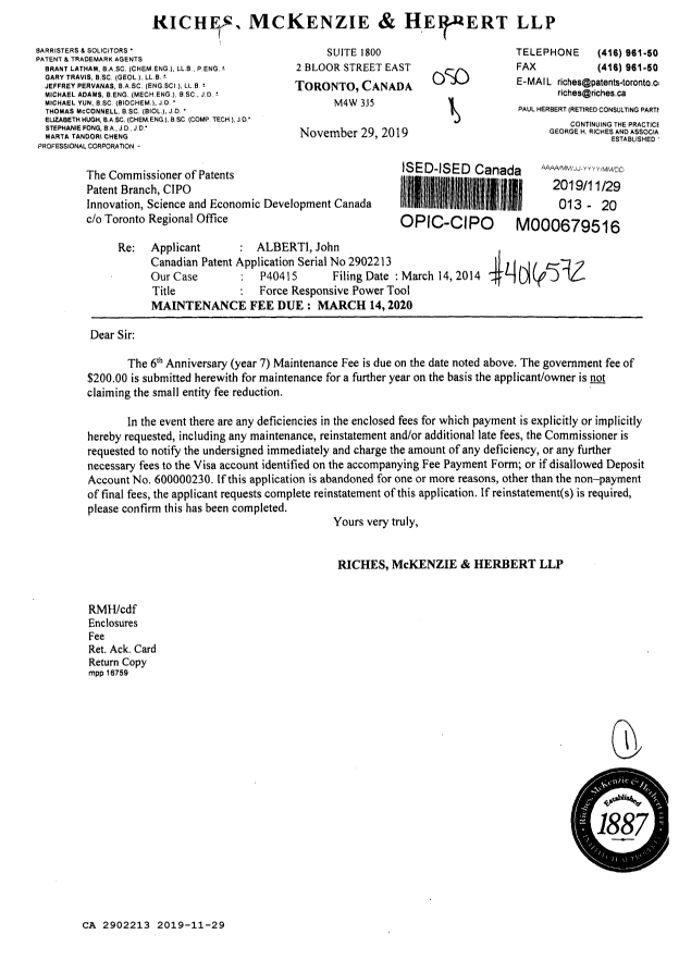 Document de brevet canadien 2902213. Paiement de taxe périodique 20191129. Image 1 de 1