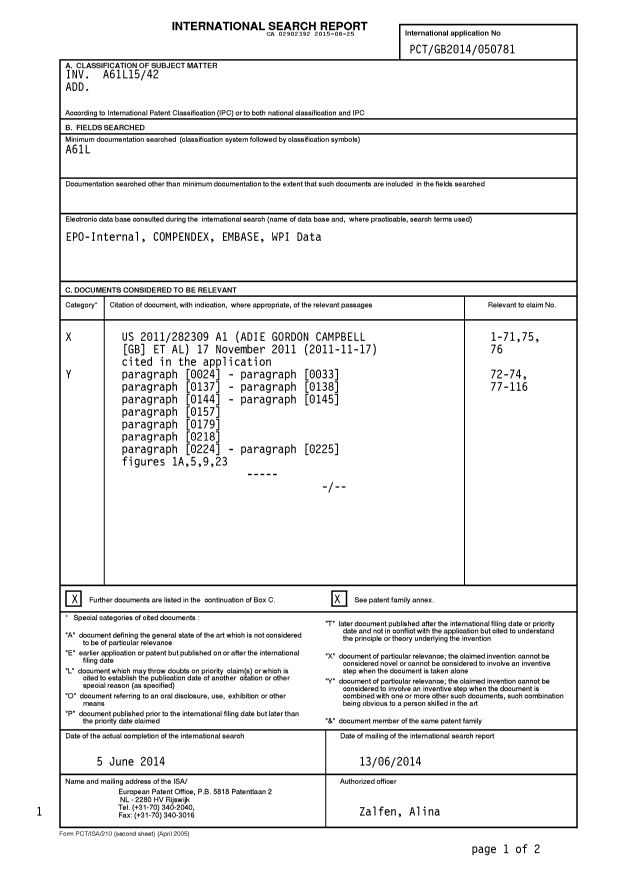 Canadian Patent Document 2902392. International Search Report 20141225. Image 1 of 3