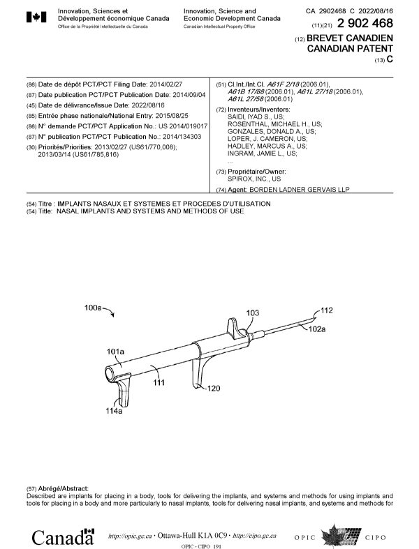 Canadian Patent Document 2902468. Cover Page 20220720. Image 1 of 2