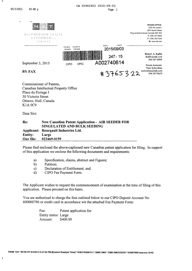 Document de brevet canadien 2902922. Nouvelle demande 20150903. Image 1 de 6