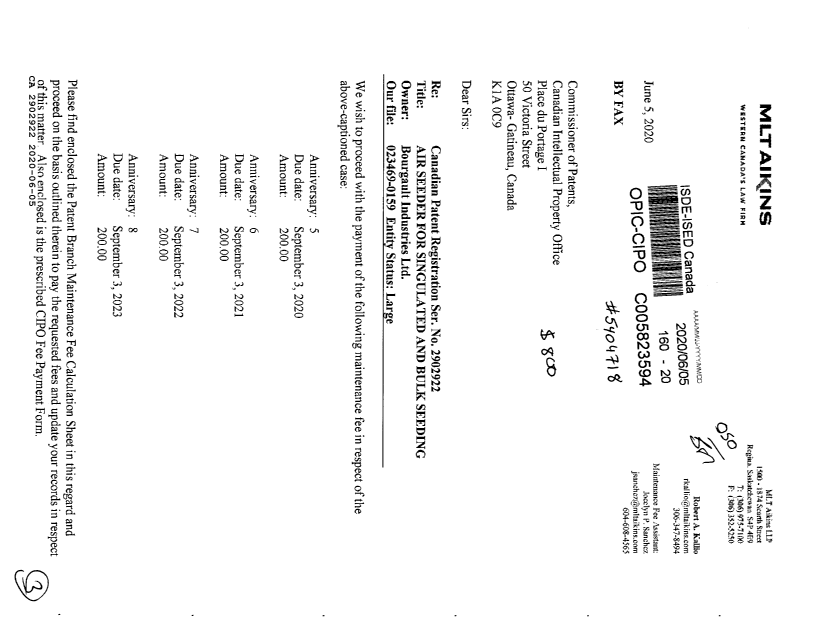 Canadian Patent Document 2902922. Maintenance Fee Payment 20200605. Image 1 of 3