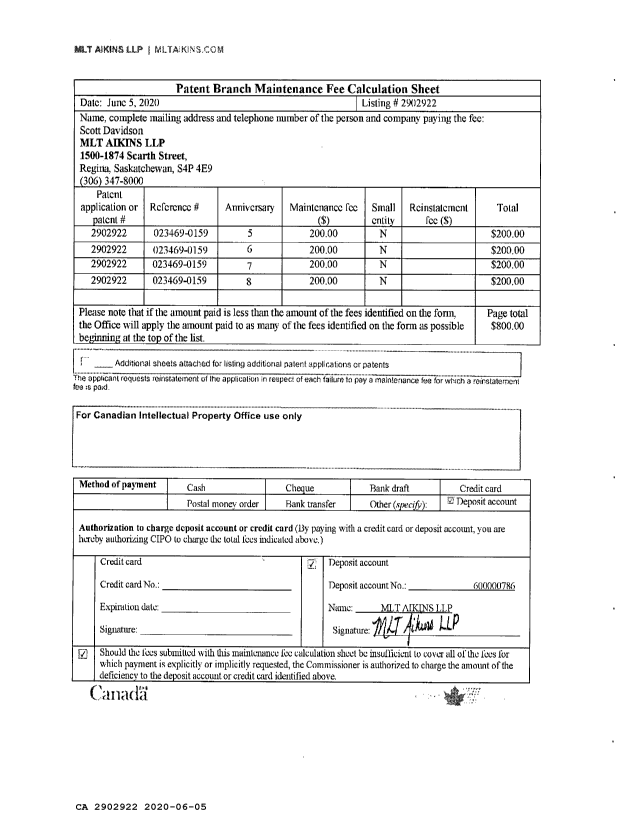 Canadian Patent Document 2902922. Maintenance Fee Payment 20200605. Image 3 of 3