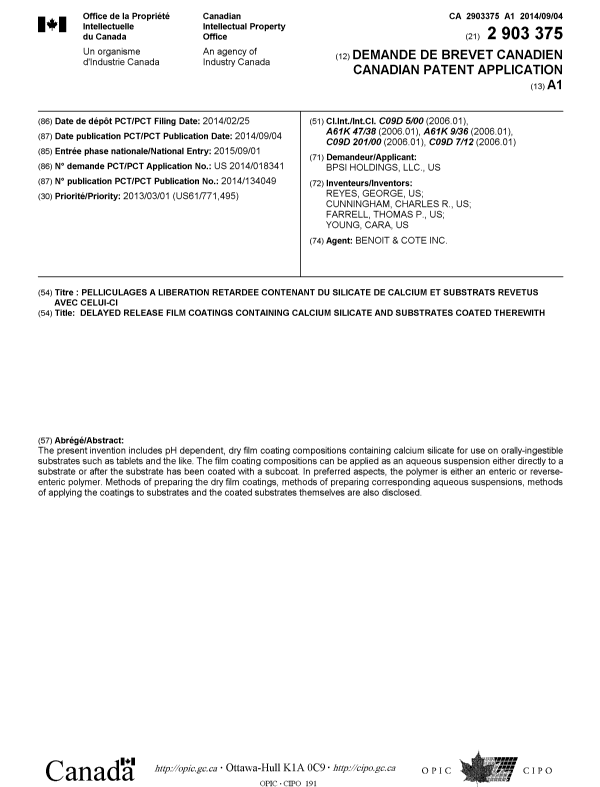 Document de brevet canadien 2903375. Page couverture 20141230. Image 1 de 1