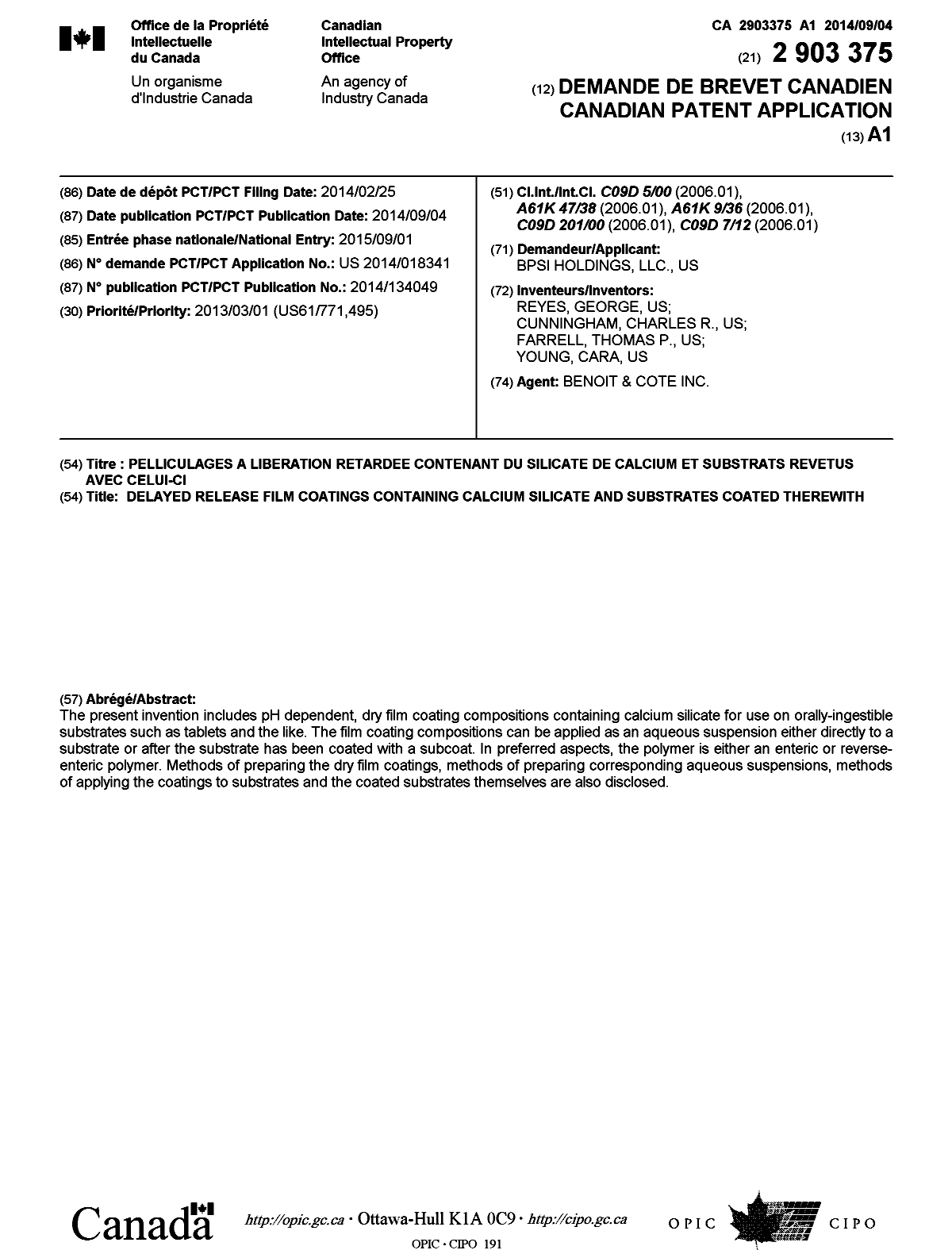 Document de brevet canadien 2903375. Page couverture 20141230. Image 1 de 1