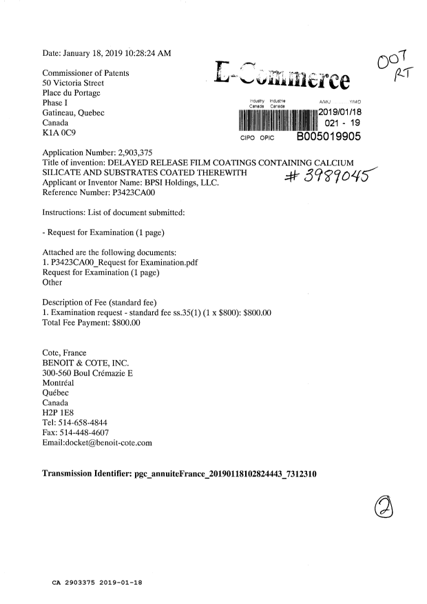 Document de brevet canadien 2903375. Requête d'examen 20190118. Image 1 de 2