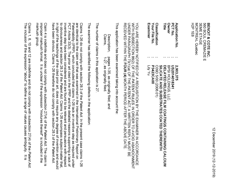 Document de brevet canadien 2903375. Demande d'examen 20191212. Image 1 de 3