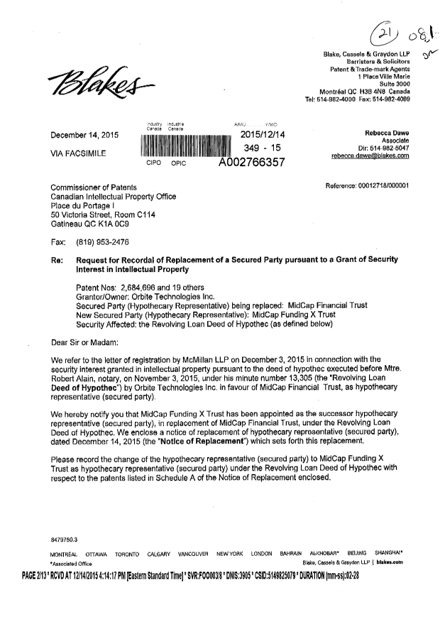 Document de brevet canadien 2903512. Cession 20151214. Image 1 de 13