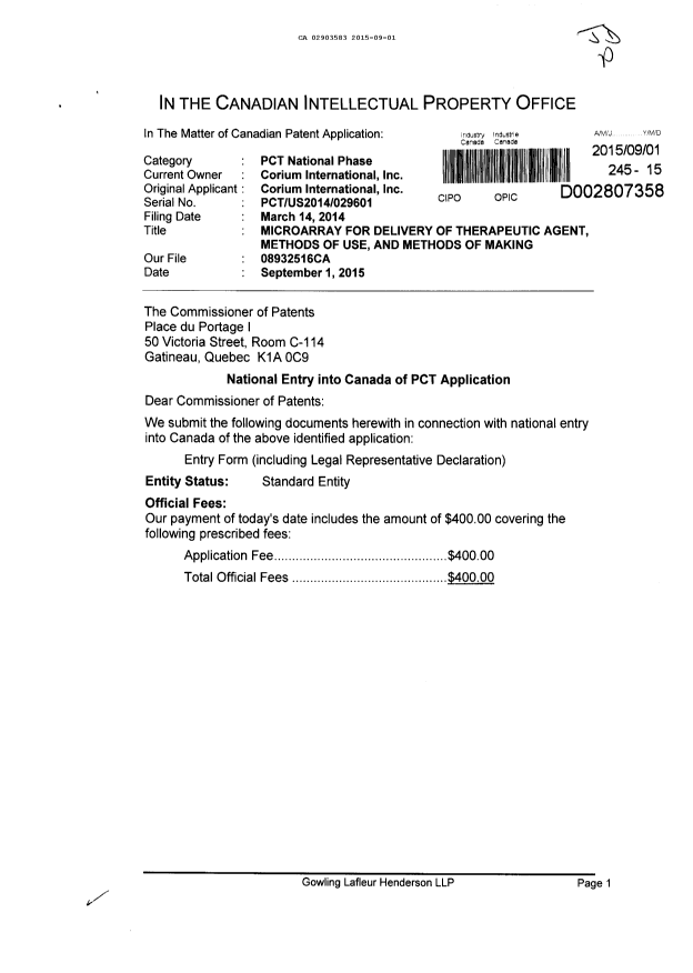 Canadian Patent Document 2903583. National Entry Request 20150901. Image 1 of 4