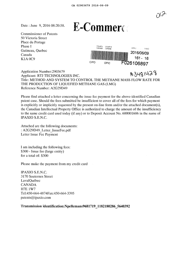 Document de brevet canadien 2903679. Correspondance 20151209. Image 1 de 3