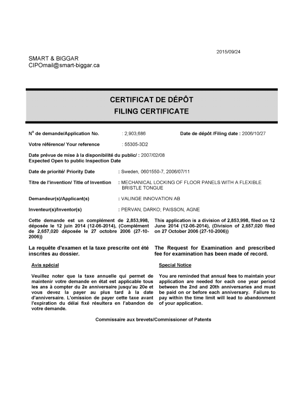 Document de brevet canadien 2903686. Complémentaire - Certificat de dépôt 20150924. Image 1 de 1