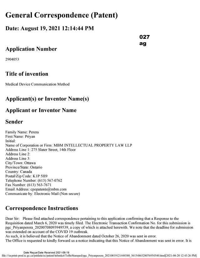 Canadian Patent Document 2904053. Prosecution Correspondence 20210819. Image 1 of 6