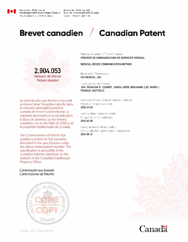 Canadian Patent Document 2904053. Electronic Grant Certificate 20230103. Image 1 of 1