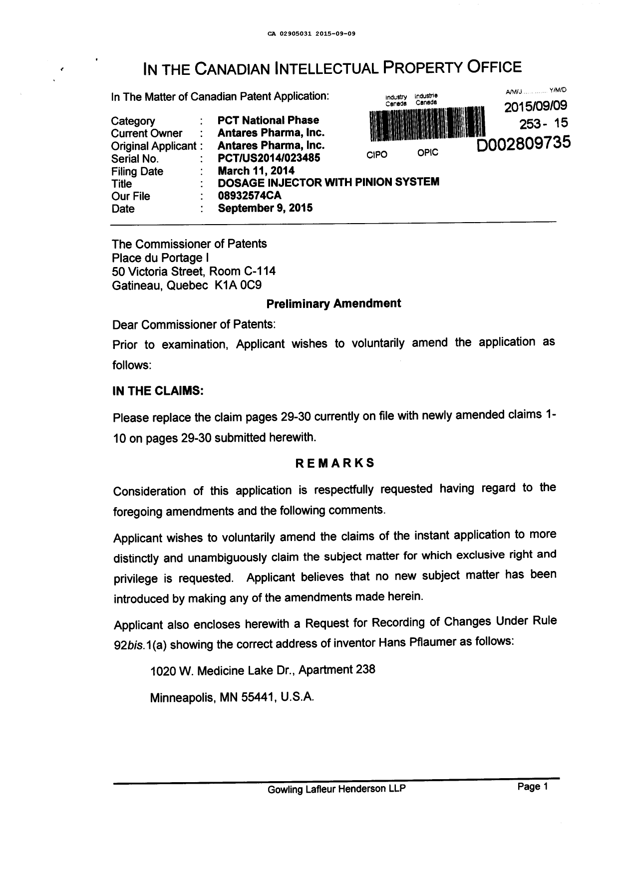 Document de brevet canadien 2905031. Modification volontaire 20150909. Image 1 de 4