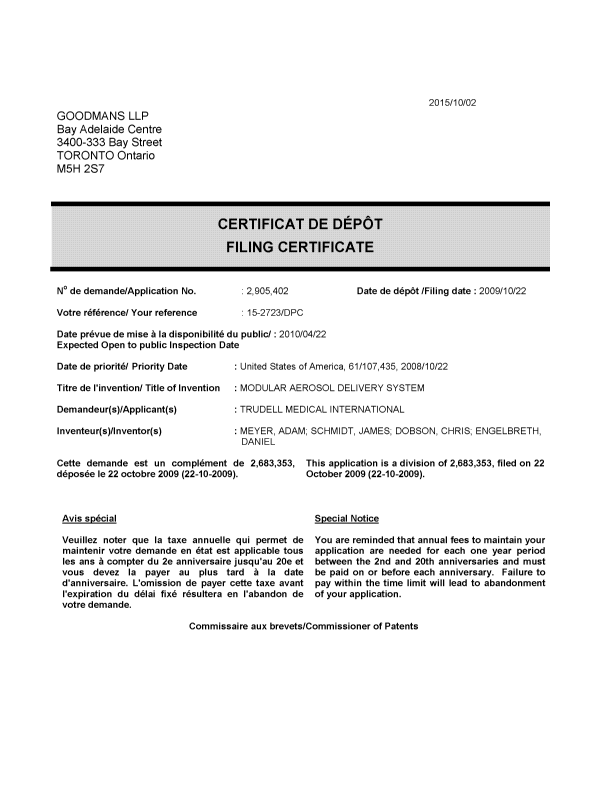 Canadian Patent Document 2905402. Divisional - Filing Certificate 20151016. Image 1 of 1