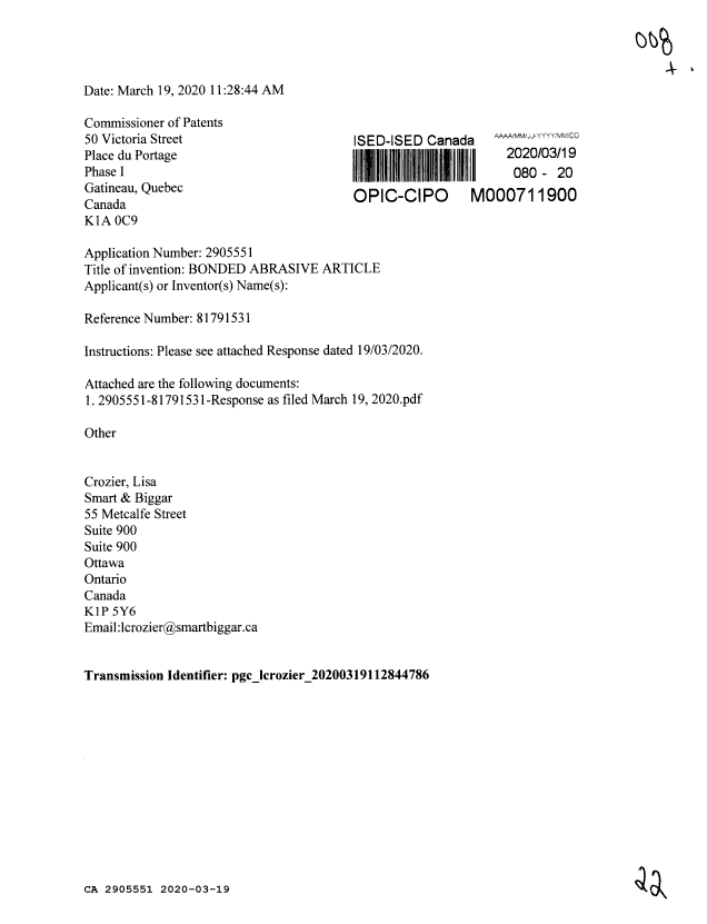 Canadian Patent Document 2905551. Amendment 20200319. Image 1 of 22