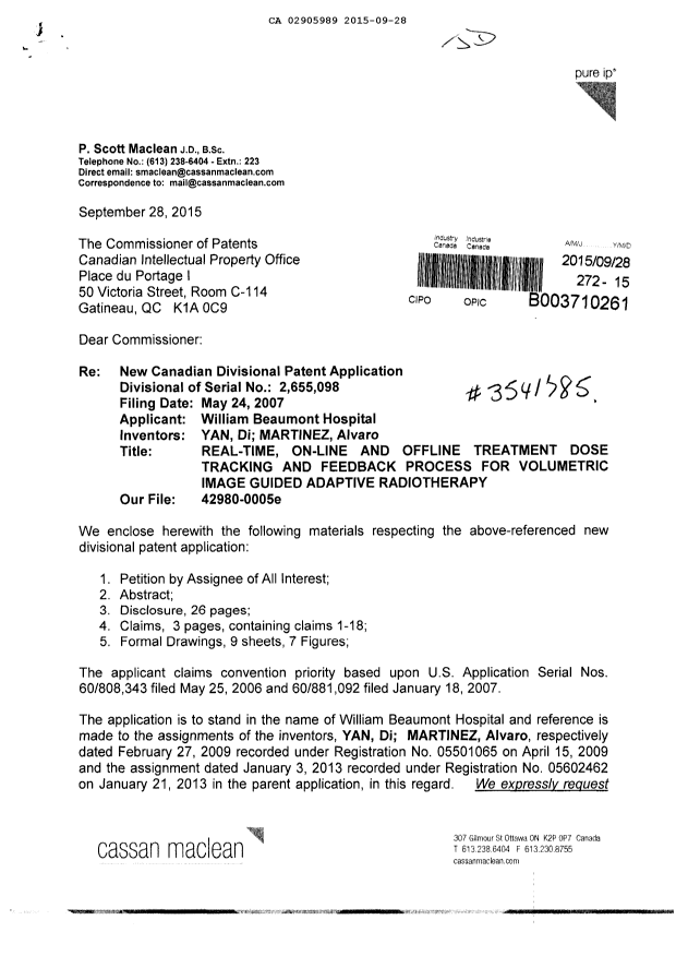 Document de brevet canadien 2905989. Nouvelle demande 20150928. Image 1 de 11