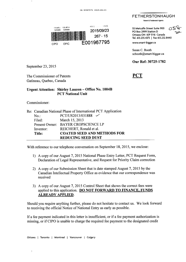 Canadian Patent Document 2907271. Correspondence 20141223. Image 1 of 6