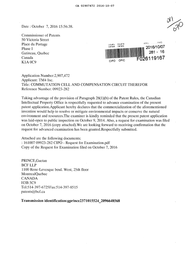 Document de brevet canadien 2907472. Correspondance 20151207. Image 1 de 4