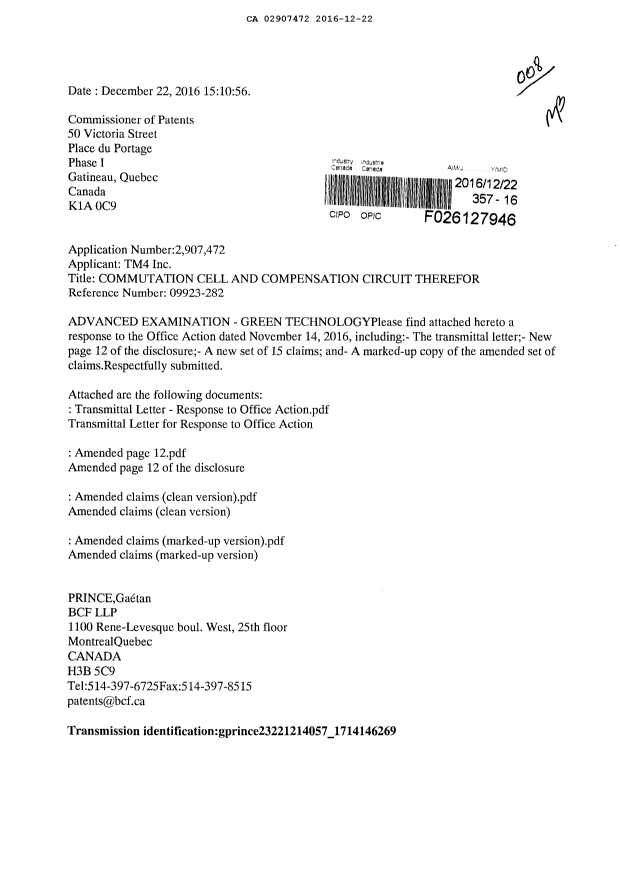 Document de brevet canadien 2907472. Poursuite-Amendment 20151222. Image 1 de 13