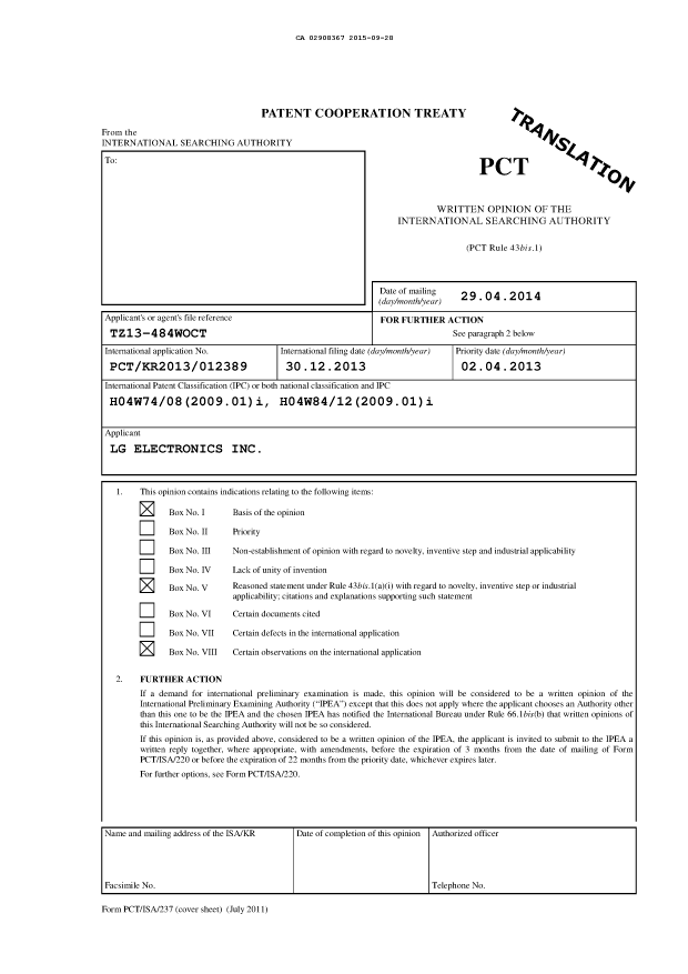 Canadian Patent Document 2908367. International Search Report 20150928. Image 2 of 9