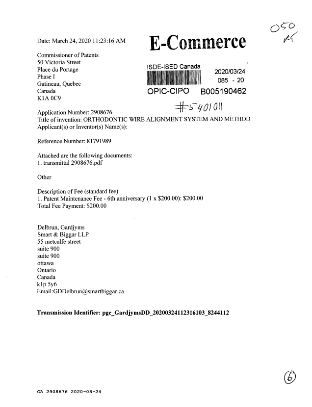 Canadian Patent Document 2908676. Maintenance Fee Payment 20200324. Image 1 of 6