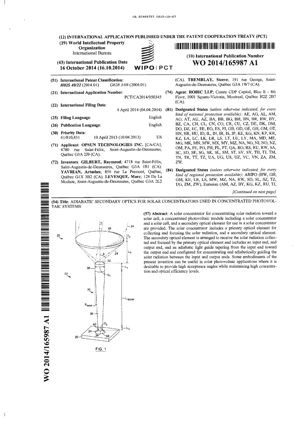 Canadian Patent Document 2909757. PCT 20141207. Image 1 of 2