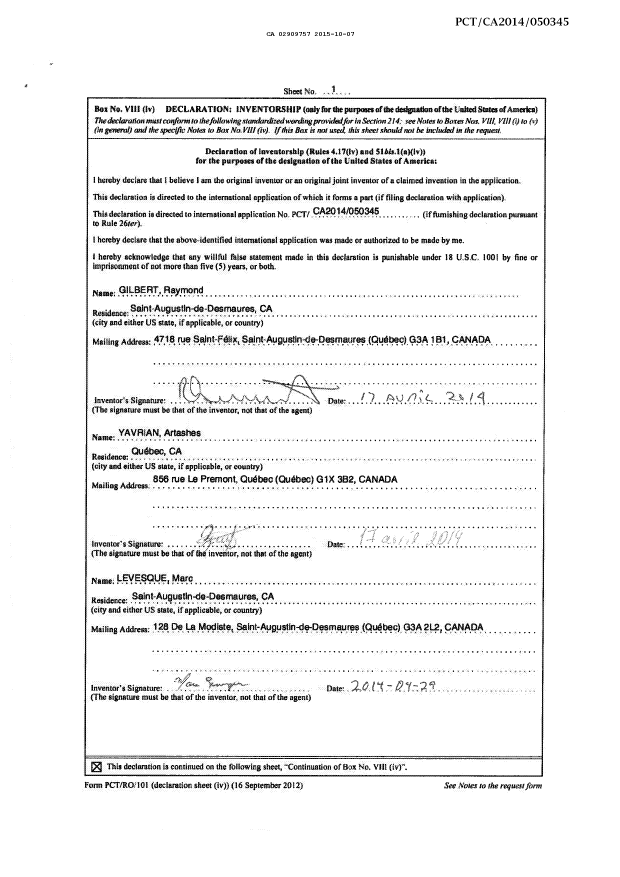 Canadian Patent Document 2909757. PCT 20141207. Image 1 of 2