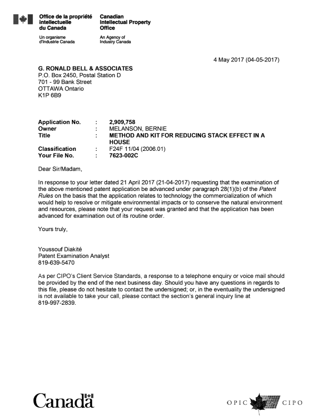 Document de brevet canadien 2909758. Ordonnance spéciale - Verte acceptée 20161204. Image 1 de 1