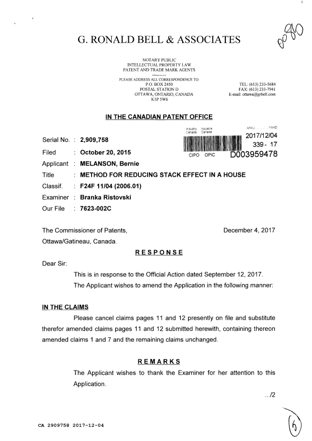 Document de brevet canadien 2909758. Modification 20161204. Image 1 de 5
