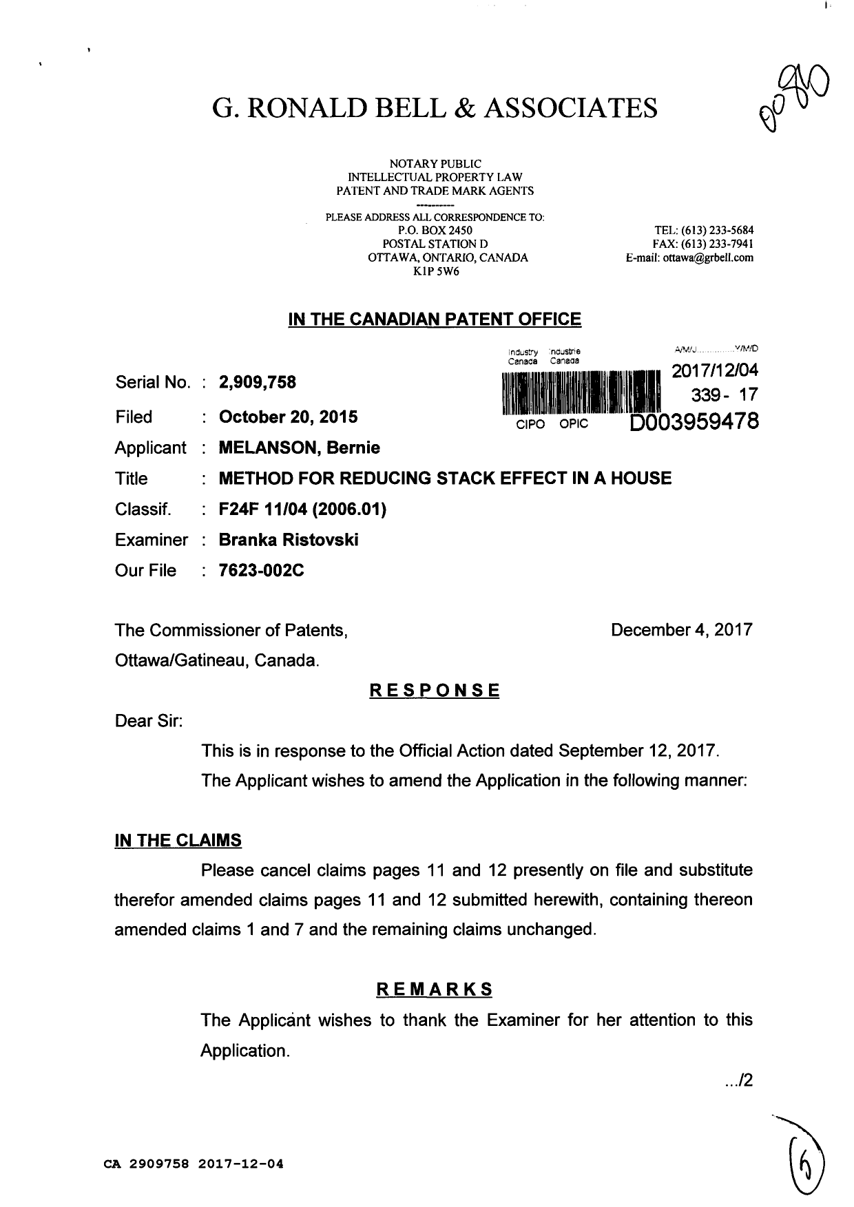 Canadian Patent Document 2909758. Amendment 20161204. Image 1 of 5