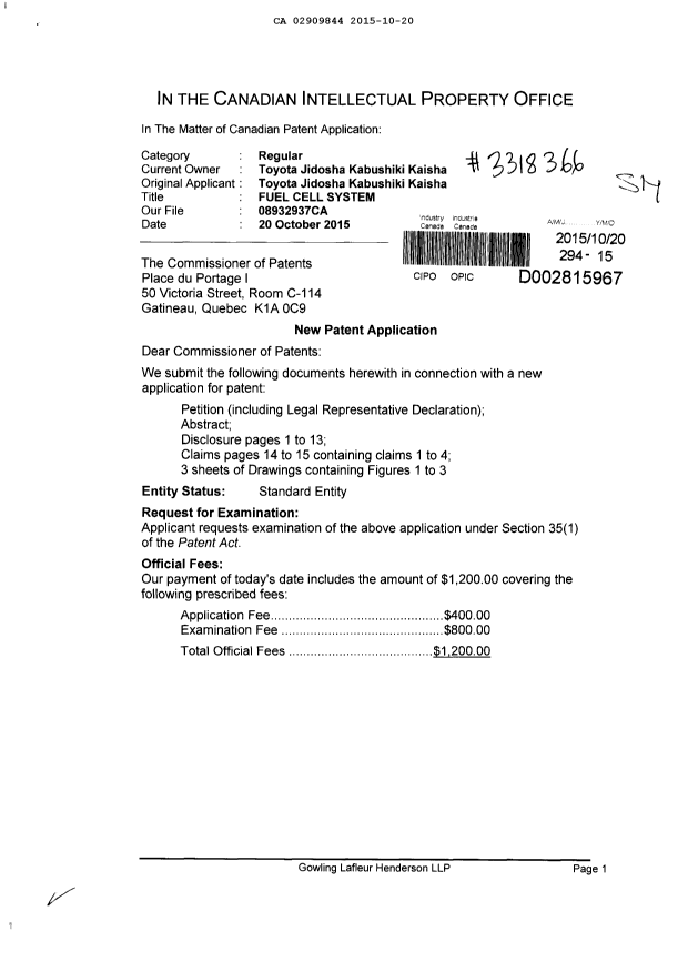 Document de brevet canadien 2909844. Nouvelle demande 20151020. Image 1 de 3
