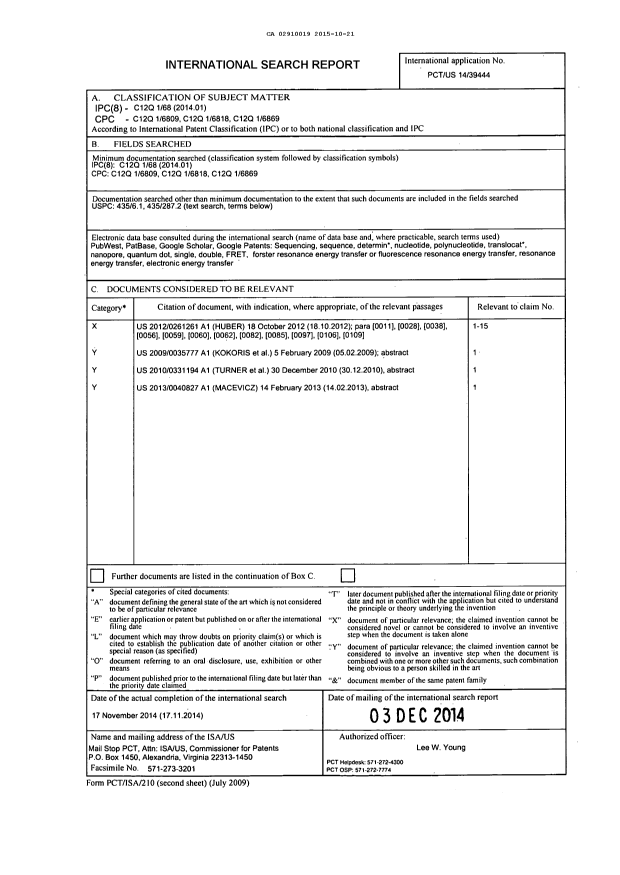 Canadian Patent Document 2910019. International Search Report 20151021. Image 1 of 3