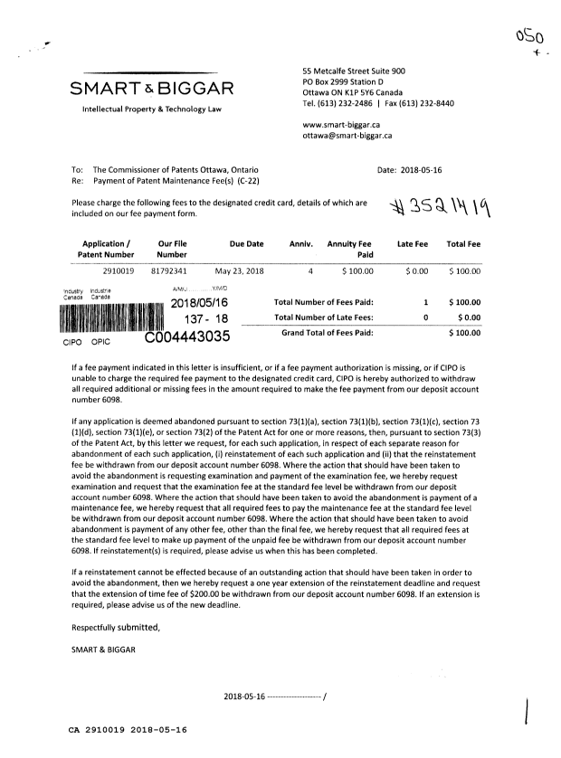 Document de brevet canadien 2910019. Paiement de taxe périodique 20180516. Image 1 de 1